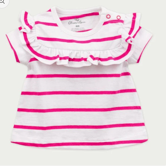 Oliver & Rain Organic Cotton Pink Stripe Ruffle Tee, 18M - Picture 2 of 7